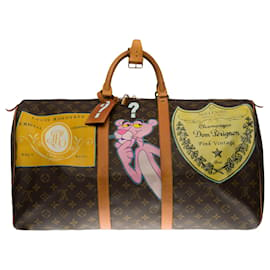 Louis Vuitton-Beautiful Louis Vuitton Keepall travel bag 55 cm in Monogram canvas customized "Cristal Roederer Vs Dom Pérignon"-Brown