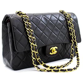 Chanel-Chanel 2.55 lined flap 10" Chain Shoulder Bag Black Classic Lamb-Black