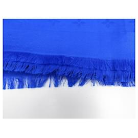 Louis Vuitton-LOUIS VUITTON MONOGRAM M CHALE76632 SILK & WOOL MONOGRAM BLUE SILK SHAWL-Blue