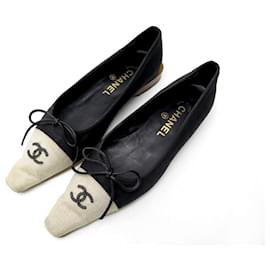 Chanel-CHANEL SHOES BALLERINAS LOGO CC 38.5 TWO-TONE CANVAS BLACK BEIGE SHOES-Black