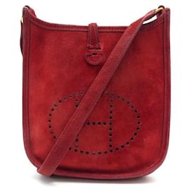 Hermès-HERMES MINI EVELYNE HANDBAG 16 RED SUEDE CROSSBODY SUEDE CLUTCH BAG-Red