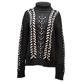 Jason Wu-Jason Wu Whipstitched Cable-knit Turtleneck Sweater in Black Merino Wool-Black