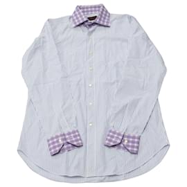 Etro-Camisa abotonada con estampado de rayas en contraste en algodón azul de Etro-Azul