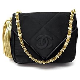 Chanel-CHANEL Vintage CC Satin Black & Gold Tassel Crossbody bag-Black,Gold hardware