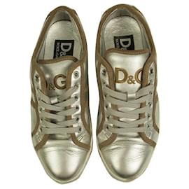 Dolce & Gabbana-Dolce & Gabbana Mouse DS8009 Silver Leather Beige Suede Trim Sneakers Shoes 37-Silvery