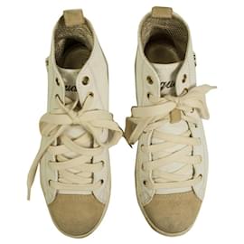 Dsquared2-Dsquared2 Off White Leather Beige Suede High Top Lace Up Sneakers Zapatos 36.5-Blanco