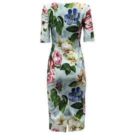 Dolce & Gabbana-Dolce & Gabbana Floral Print Midi Dress in Light Blue Viscose-Blue,Light blue