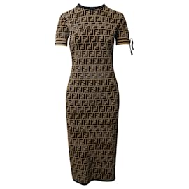 Fendi-Fendi Monogram FF Knitted Bandage Dress in Brown Viscose-Brown