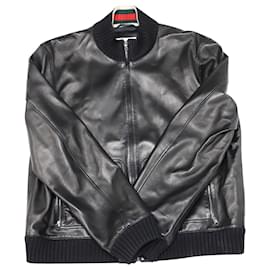 Gucci-Gucci Ribbed Bomber Jacket in Black Leather-Black