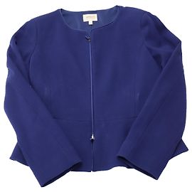 Armani Collezioni Crepe Zip-Front Peplum Jacket in Blue Wool Blue