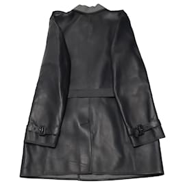 Valentino-Valentino lined-Breasted Coat with Belt in Black Lambskin Leather-Black
