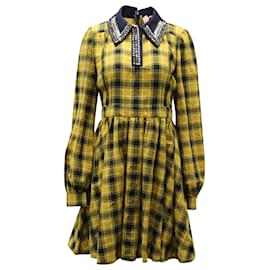 Autre Marque-N 21 Crystal Embellished Collar Plaid Dress in Yellow Wool-Other