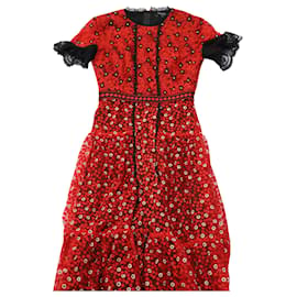 Autre Marque-Saloni Andie High Neck Short Sleeve Floral Lace Long Dress in Red Polyester-Red