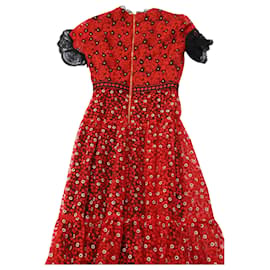 Autre Marque-Saloni Andie High Neck Short Sleeve Floral Lace Long Dress in Red Polyester-Red