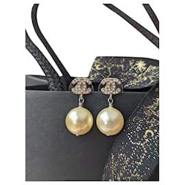Chanel-CC B14V logo crystal pearl drop classic SHW earrings in box-Silvery