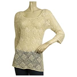 Dolce & Gabbana-Dolce & Gabbana D&G Cream Crochet Knit Beaded Sheer Long 3/4 sleeve top-Beige
