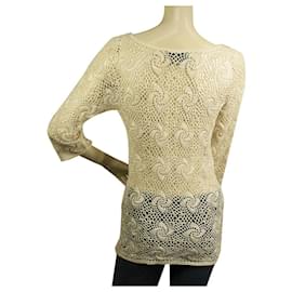 Dolce & Gabbana-Dolce & Gabbana D&G Cream Crochet Knit Beaded Sheer Long 3/4 Top manches-Beige