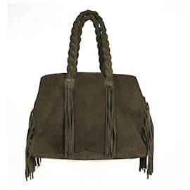 Autre Marque-Grecian Chick Gray Suede Bohemian Large Shoulder Bag with Fringes Handbag  A super boho chic bag this is a beauty from Grecian Chick! This unique bag that is made from gray suede leather, it is embellished with fringes and features braided handles and snap top closure that opens to a roomy interior with three compartments, two open and a central zipped one, one zip and one patch pocket. A bag, impossible to pass unnoticed!!-Grey