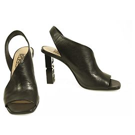 Sergio Rossi Schwarz Leder Logo Ferse Open Toe Slingback Sandalen Gr 37, Schuhe Schwarz