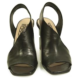 Sergio Rossi-Sergio Rossi Negro Cuero Logo talón Open Toe Slingback Sandals sz 37, Zapatos-Negro