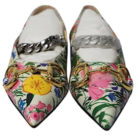 Gucci-Gucci x Ken Scott Floral Print Pointed Flats with Chain Strap in Multicolor Leather-Multiple colors