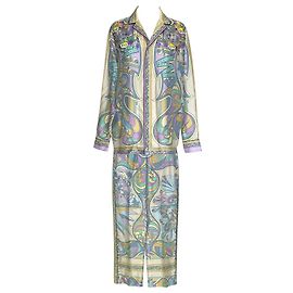 Completo camicia e pantaloni Emilio Pucci lilla, menta e seta gialla con paillettes e perle Multicolore