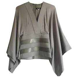 Jitrois-JITROIS Taupe silk and leather top with batwing sleeves T36-Taupe