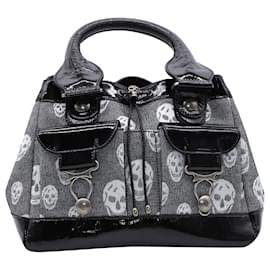 Alexander Mcqueen-Alexander McQueen Biker Skull Print Hand Bag in Black Leather-Black