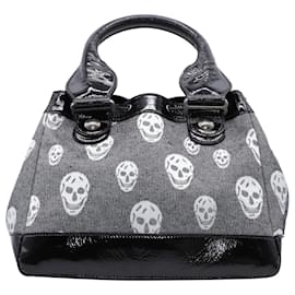 Alexander Mcqueen-Alexander McQueen Biker Skull Print Hand Bag in Black Leather-Black