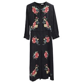 Vilshenko Langarm-Blumenkleid aus schwarzer Seide Schwarz