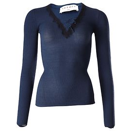 Sandro Paris – Gerippter Strickpullover mit Spitzenbesatz aus blauer Viskose Blau