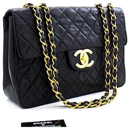 Chanel-Chanel Jumbo 13"Maxi 2.55 Bolso de hombro con cadena de solapa Piel de cordero negra-Negro