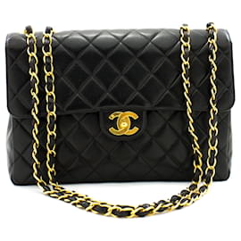 Chanel-Chanel Jumbo 11" Large Chain Shoulder Bag Flap Black Lambskin Gold-Black