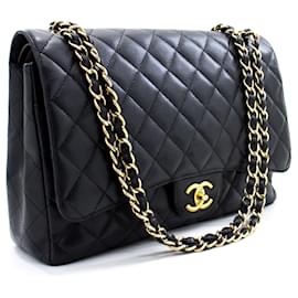 Chanel-CHANEL MAXI 13" Caviar Grained calf leather W Flap Chain Shoulder Bag-Black