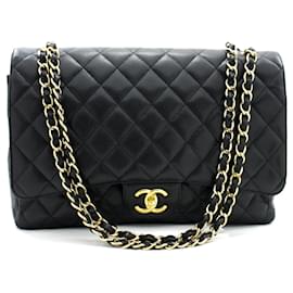 Chanel-CHANEL MAXI 13"Caviar Genarbtes Kalbsleder W Flap Chain Umhängetasche-Schwarz