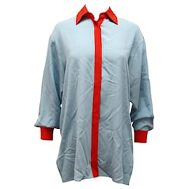 Etro-Camisa de botones con detalles rojos en seda azul de Etro-Azul,Azul claro
