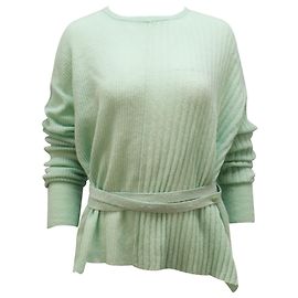 Helmut Lang Gerippter Pullover mit Gürtelriemen in grünem Alpaka Grün