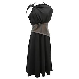 Proenza Schouler Asymmetric Sleeve Belted Crepe Dress in Black Polyester Black