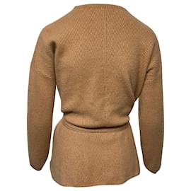 Autre Marque-N. Peal Belted Ribbed Cardigan in Sand Cashmere-Brown,Beige