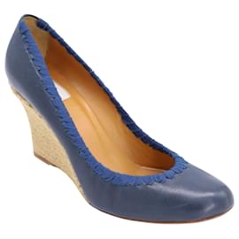 Lanvin-Zapatos de Salón Lanvin Wedge Alpargatas en Cuero Azul Marino-Azul,Azul marino
