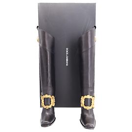 Botas de cano alto Dolce & Gabbana com detalhe de fivela dourada em couro preto Preto