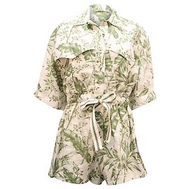 Zimmermann Empire Leaf Print Playsuit in White Linen White