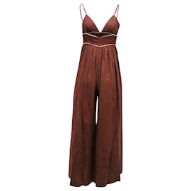 Staud-Staud Figue Wide-Leg Jumpsuit in Brown Linen-Brown