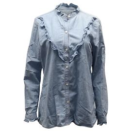 Camicetta Nili Lotan Marcela Chambray con volant in cotone blu Blu Blu chiaro