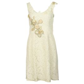 Christian Lacroix Vintage Robe Brodée Dentelle en Coton Crème Blanc Écru