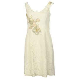 Christian Lacroix-Christian Lacroix Vintage Lace Embroidered Dress in Cream Cotton-White,Cream