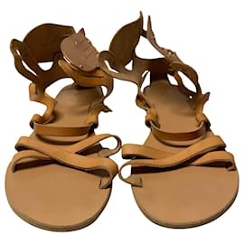 Ancient Greek Sandals-Sandálias gregas antigas Nephele alado em couro de bezerro bronzeado-Marrom,Bege