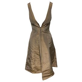 Abito Calvin Klein A-line con cerniera frontale in seta marrone Beige