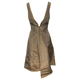 Calvin Klein-Calvin Klein A-line Front Zipper Dress in Brown Silk-Beige