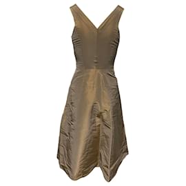 Calvin Klein-Calvin Klein A-line Front Zipper Dress in Brown Silk-Beige